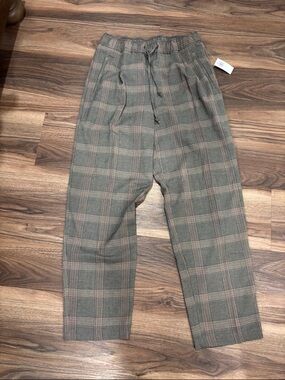 Womens Plaid Drawstring Trousers - /Brown- Ankle length adjustable drawstring